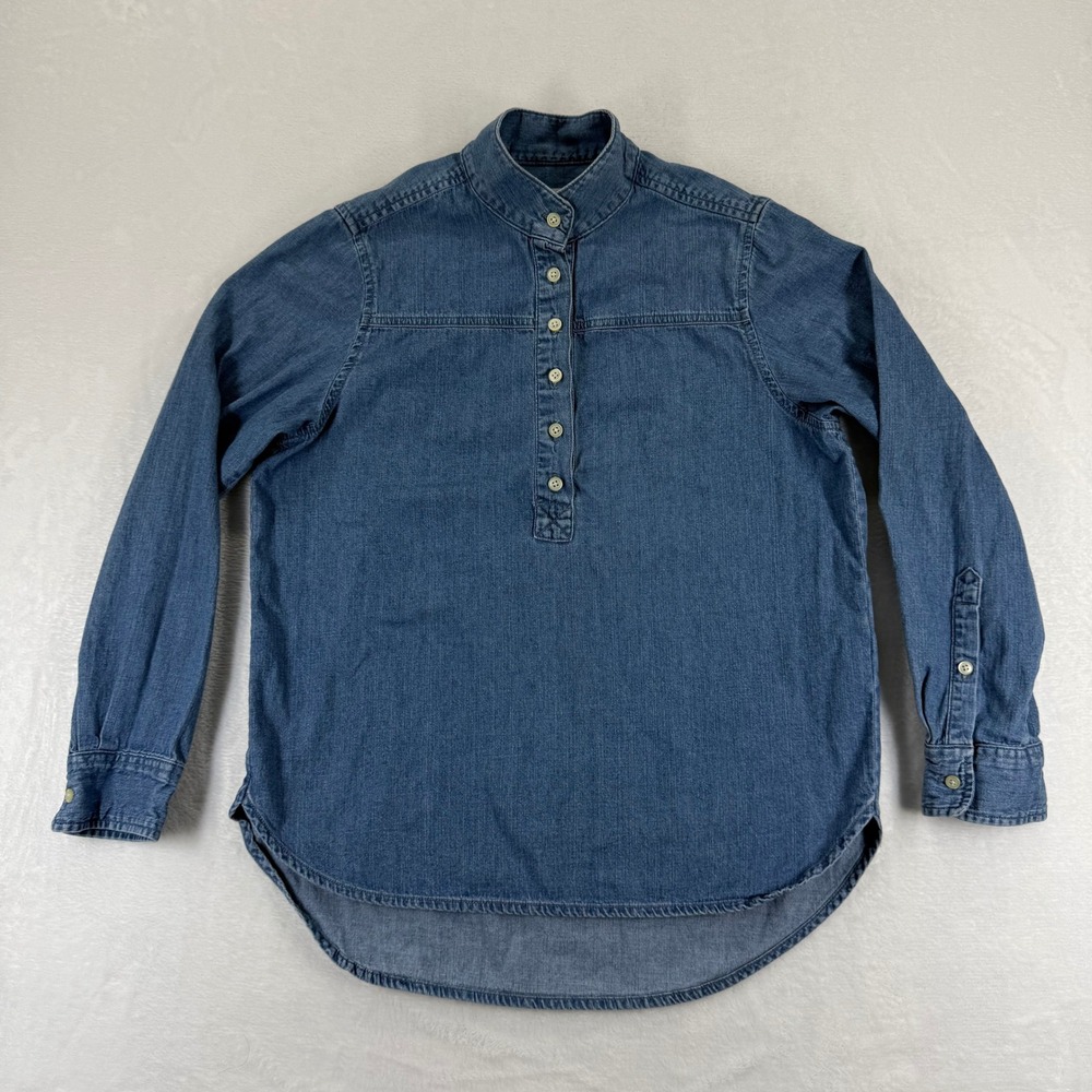 J Crew Chambray Denim Tunic Shirt‎ Long Sleeve Collarless Button Up Size 2